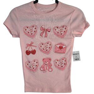 NWT Social Edition Love You Hearts Graphic Valentines Tee Chalk Pink Sz XXS